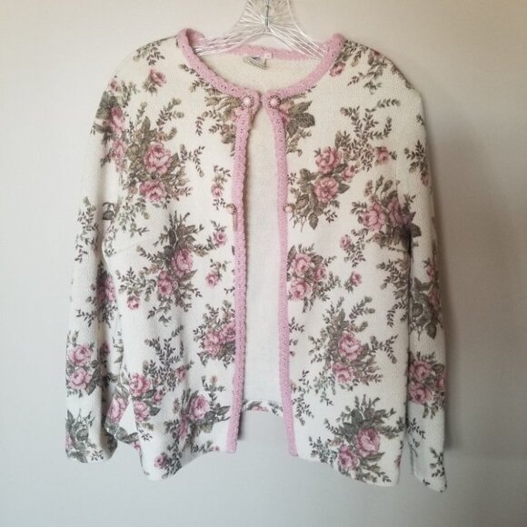 VINTAGE sieger wool granny cardigan sweater roses pink - Picture 11 of 14